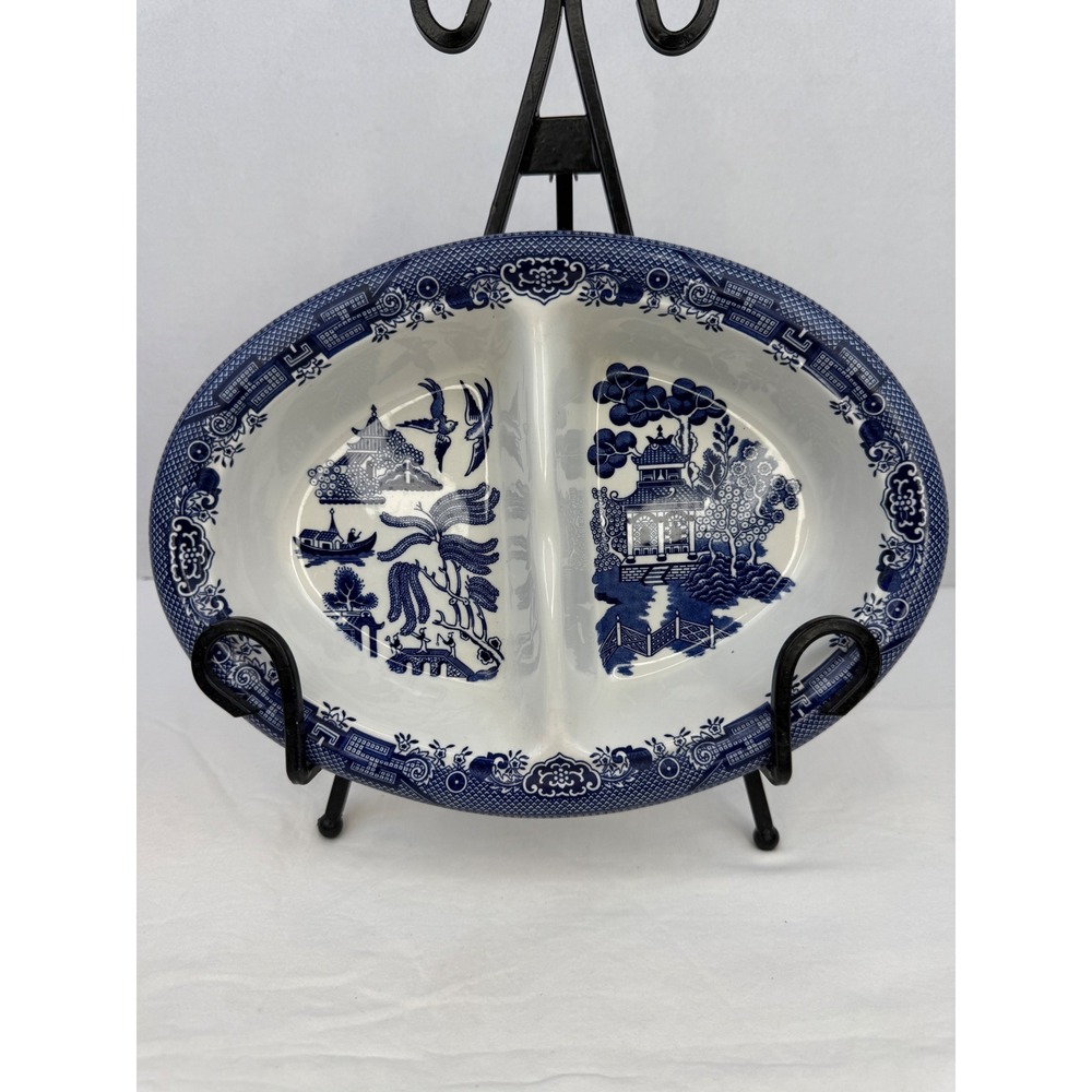 Vintage‎ Churchill Blue Willow Divided Oval Vegetable Bowl Staffordshire England